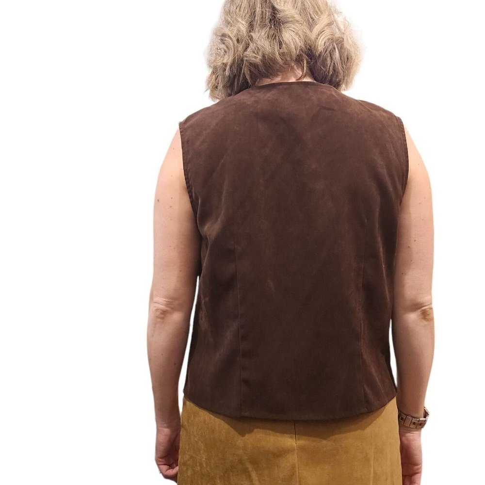 90s Large Faux Suede Patchwork Vest Earth Tones Brown Tan Burgundy - Picture 3 of 6